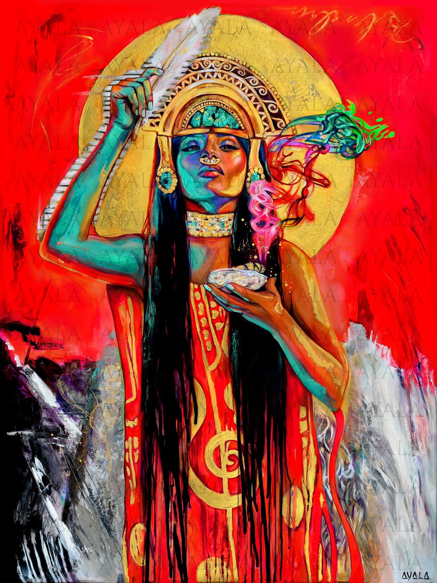 Title: "Sacred Cura" ❤️‍🔥🪶An homage to Inca Queen Cura. In relation to the Spanish conquest, “cura” means "healing" depicted as smudging, a spiritual practice to purify the soul. #art #artist #fineart #ArtistOnTwitter