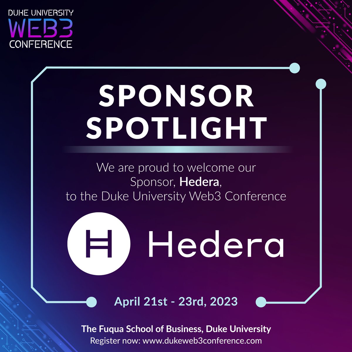 FuquaBlockchain's tweet photo. We are thrilled to announce that Hedera, the leading public network for the #decentralized economy, has joined us as a sponsor for the upcoming Duke University #Web3 Conference and Hackathon! Their support will enable us to create an even more impactful event for our community. https://t.co/f7U32wdddg
