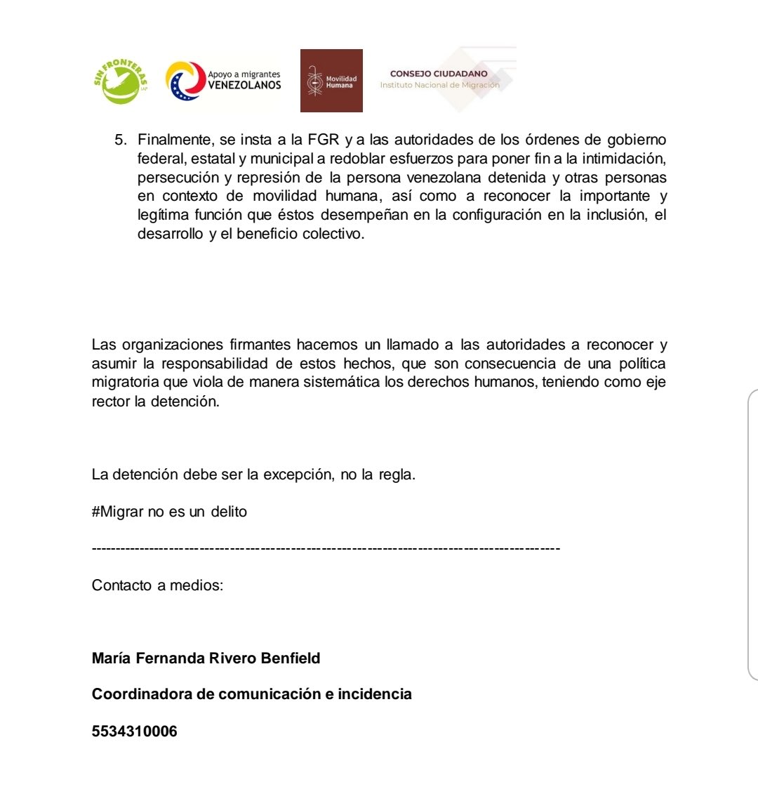 ✍️#Comunicado No a la Criminalización de las personas migrantes. 
ÉL ES VÍCTIMA, NO CULPABLE.
"Mientras el joven venezolano es señalado y criminalizado, ninguna autoridad responsable ha sido imputada” sinfronteras.org.mx/no-a-la-crimin…
⁦<a href="/SEGOB_mx/">Gobernación</a>⁩ <a href="/defensoriaifdp/">Instituto Federal de Defensoría Pública</a>