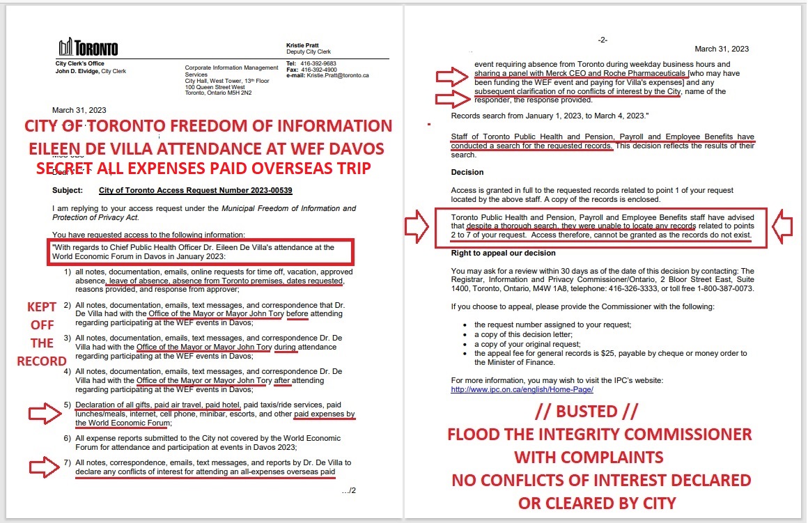 FitzInfo's tweet image. Toronto's chief medical officer Eileen de Villa apparently getting kick backs from the Communist World Economic Forum | #OntPoli #Toronto @TheoFleury14 @SavageYyc @JamieSale #cdnpoli