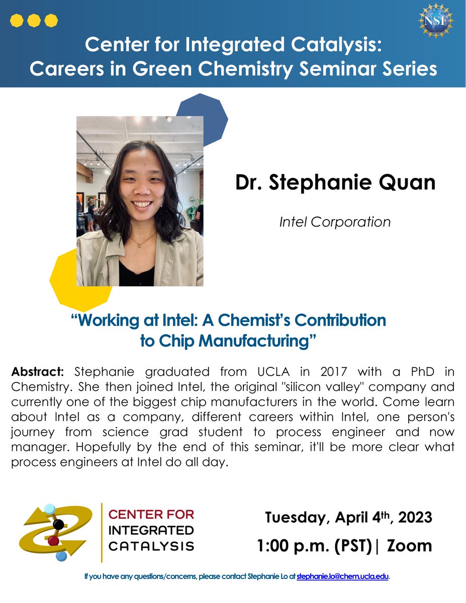 Join us tomorrow April 4th at 1 PM PST for our next Careers in Green Chemistry Seminar from Stephanie Quan on her work on chip manufacturing at <a href="/intel/">Intel</a>! Use the following link to join: ucla.zoom.us/j/95440431173?…