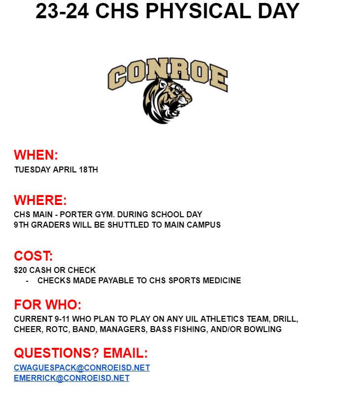 ConroeSportsMed's tweet image. 🚨🚨🚨ATTENTION CHS STUDENTS: Here is some helpful info regarding 23-24 School Year Physicals! Packets will be available April 14th!