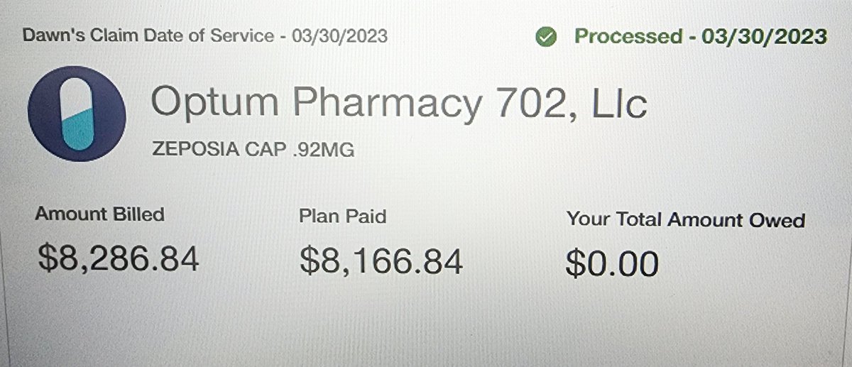 Today, I am grateful for health insurance.

Exactly 2 months ago, I was laid off from my previous employer and wasn't sure how I'd afford my MS medications. Luckily, I found a new job. The EOB below is for ONE month of Zeposia. 30 pills = $8,286.84. It's absolutely ridiculous.