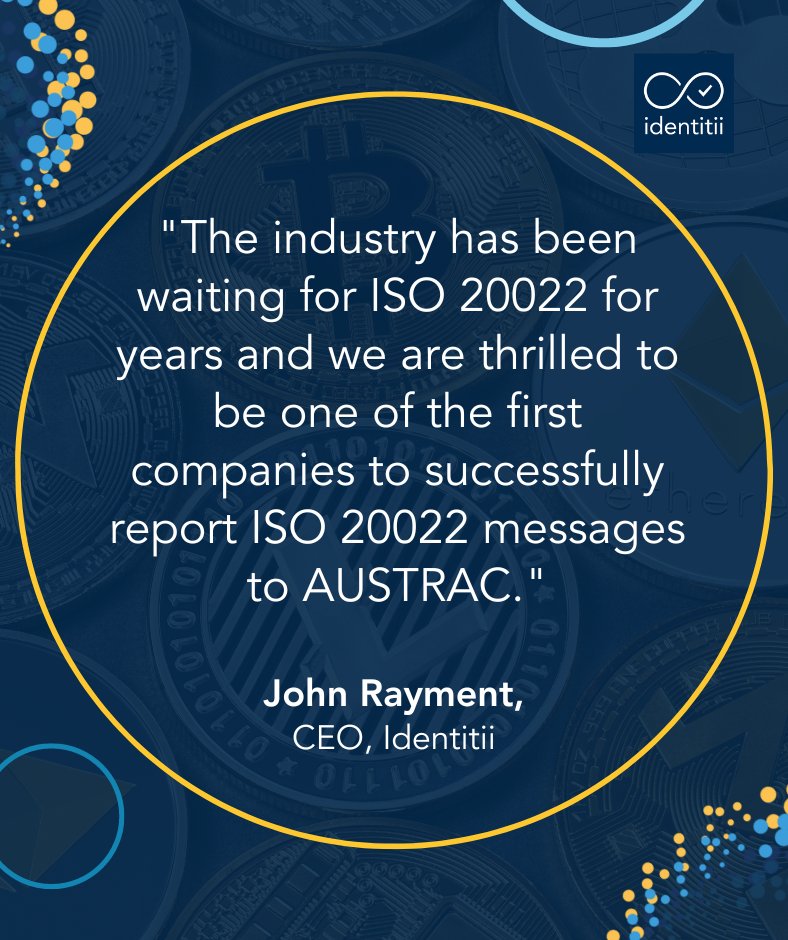 identitii's tweet photo. Identitii $ID8 is among the first to successfully report #ISO20022 #IFTI transactions to @AUSTRAC 2.0, the system designed to accept the new data rich format. How does this help banks adopt the new standard? Read more https://t.co/noQV9nwumK
#AMLCTF #compliance #regtech https://t.co/GdHH7lJXMA