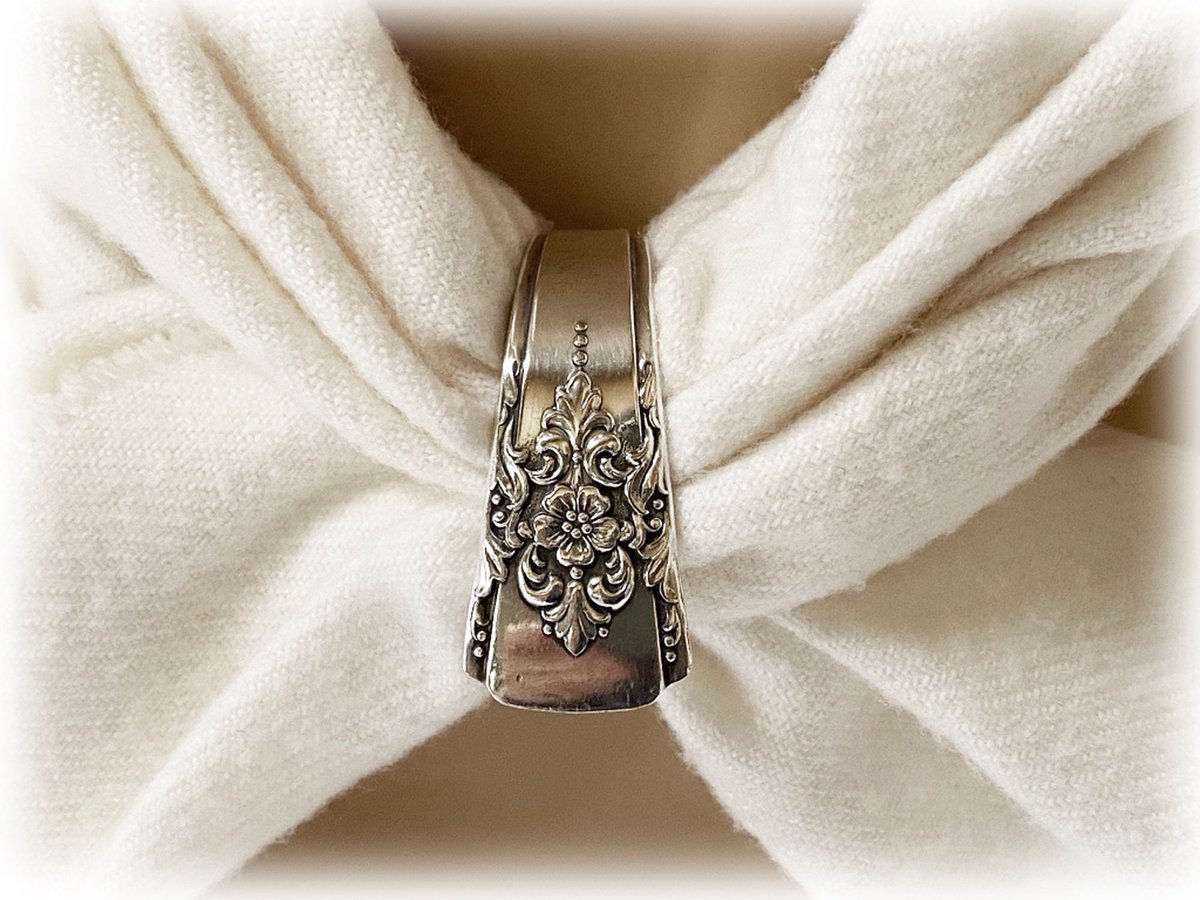 Just restocked this popular pattern -  MOUNTAIN ROSE Silver Scarf Ring, 1950s, Upcycled Silverplate Spoon Jewelry, Scarf Accessory etsy.me/3ZEr4Xi #silver #pendant #yes #women #mountainrose #artdeco #upcycledflatware #spoonjewelry #silverplatejewelry