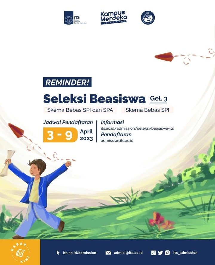 its_admission's tweet photo. Yakin mau melewatkan hal satu ini.. Jangan donk. Kesempatan ga dapat 2 kali lho !
#beasiswa #mabaits #itssurabaya #its #calonmaba #kuliah https://t.co/huOF8FelxV