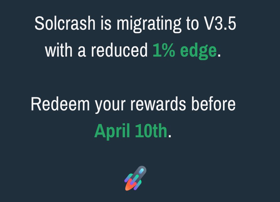 1% ! That is solcrash.io new edge starting in one week, April 10th 🚀

The reward system will be transferred to solgames, our upcoming platform with new games.

Your progress &amp; rebates will be saved.

If you want to grind up to the next rank, you have 7 days to do so.