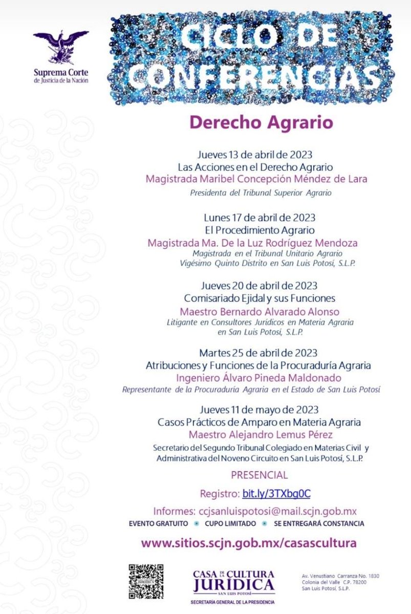 Maribelmendezd3's tweet photo. ¿Te interesa el Derecho Agrario?

¿Deseas conocer reglas procesales del juicio agrario?

¿Sabes cuáles son acciones agrarias, elementos y pruebas idóneas? 

Participa Ciclo de conferencias de Casa de Cultura Juridica de ⁦@SCJN⁩ de Slp. ⁦@CJF_Mx⁩

Inicia 13 de abril https://t.co/jbc6AVogva