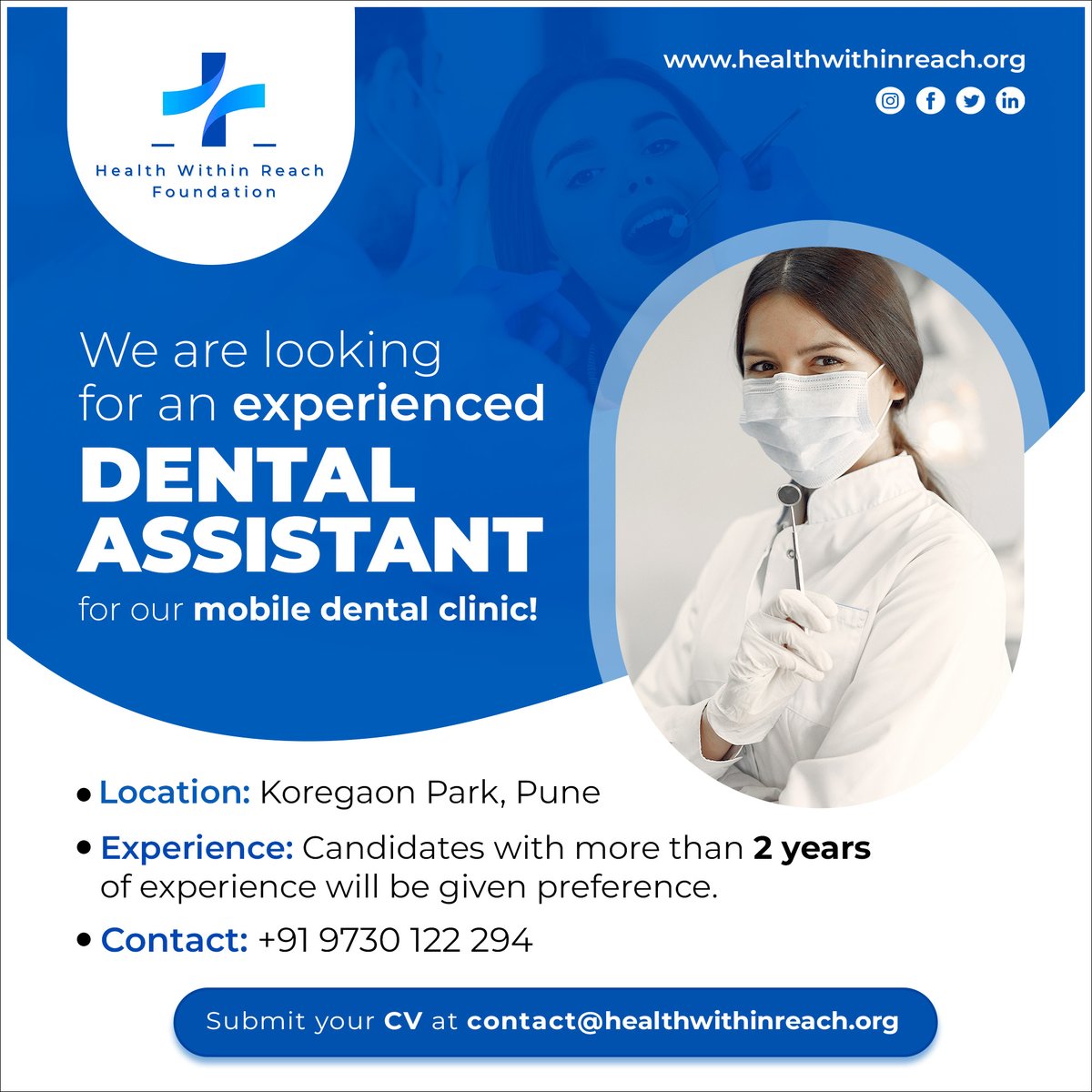 We are looking for an experienced Dental Assistant for our mobile dental clinic! Candidates with more than 2 years of experience will be given preference.
Please submit your CV at contact@healthwithinreach.org

#dentalassistant #dentalassistantjobs #dentalcareer #dentalcareers