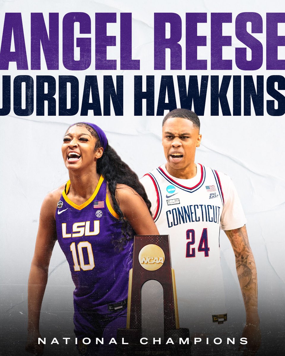 Titles run in the family 👏 Cousins Angel Reese and Jordan Hawkins are BOTH national champions!