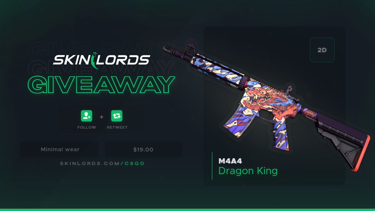 SkinLords's tweet photo. M4A4 Dragon King 🎁 CS:GO Skin Giveaway!

✅ To enter:
- Retweet and Follow us
- Tag a friend

Ends in two days! Best of luck! https://t.co/kxiVW9PjRL