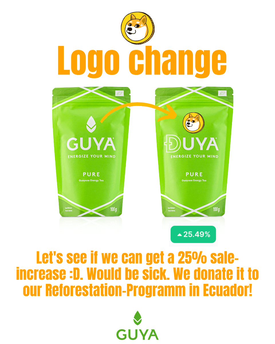 drinkguya's tweet photo. Imagine: We change our logo and:
Elon sees the post
Elon thinks. OMFDoge Let's protect the Rainforest
He thinks further: Let's figure out how to bring the rainforest to Mars!
He buys a package of #Guayusa, drinks it and gets a new startup Idea!
@dogecoin @elonmusk https://t.co/nYRwCrhQmN