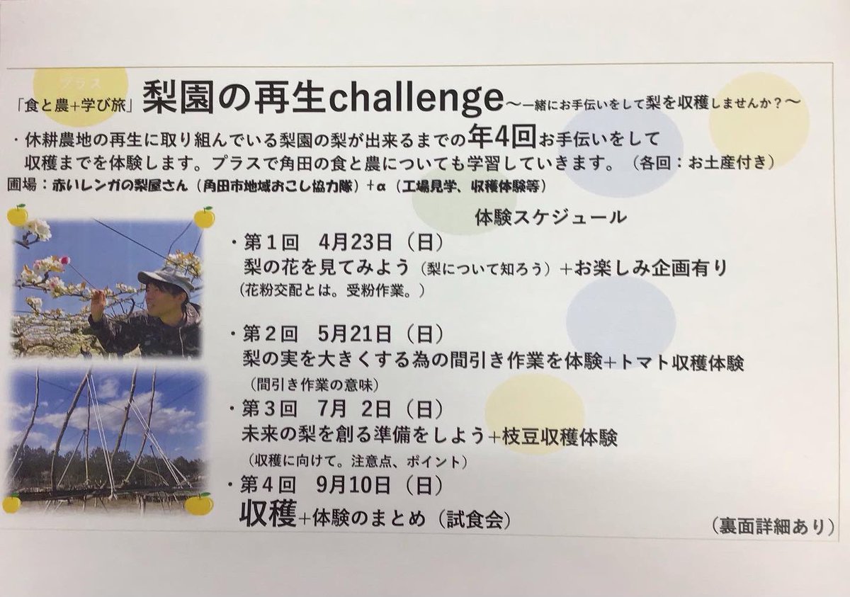 kakudanotakara's tweet photo. 「食と農＋学び旅」
梨園の再生challenge
募集中！！
角田市地域お越し協力隊が
取り組んでいる
休耕農地の再生の
お手伝いをしませんか？
梨の収穫な年4回
お手伝い&amp;お楽しみ企画
お昼付です。

第1回目は
4月23日(日)
10時〜
お昼を食べて終了です！
お問い合わせは
道の駅かくだまで
0224-61-2850 https://t.co/hWtT5qip5R
