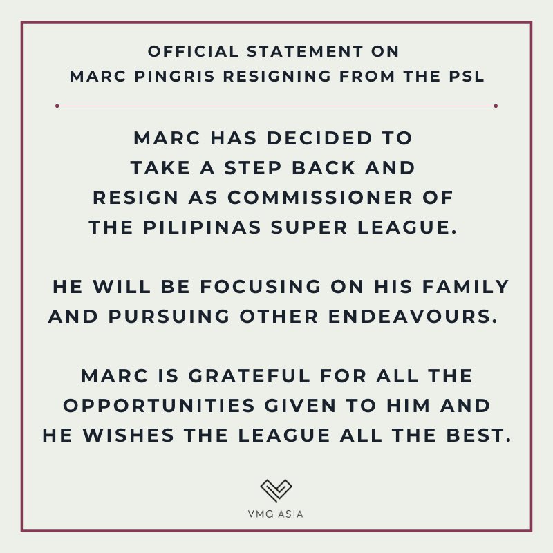 vmgasia's tweet photo. OFFICIAL STATEMENT ON MARC PINGRIS RESIGNING FROM THE PSL 

#MarcPingris #VMGTalent https://t.co/Glnjcm1J76