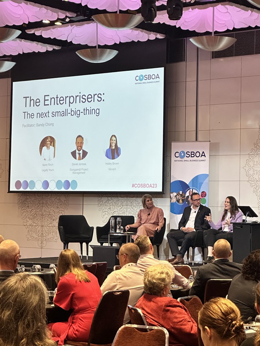 The Enterprisers #cosboa23 Summit! Karen Finch, <a href="/LegallyYoursAU/">LegallyYours</a>; Daniel Joinbee, Gunggandji Project Management &amp; Hailey Brown <a href="/vacayit_/">Vacayit</a>. Takeouts - transform processes, open up non-traditional workforce pathways and opportunities for all,  breakdown barriers for small business.