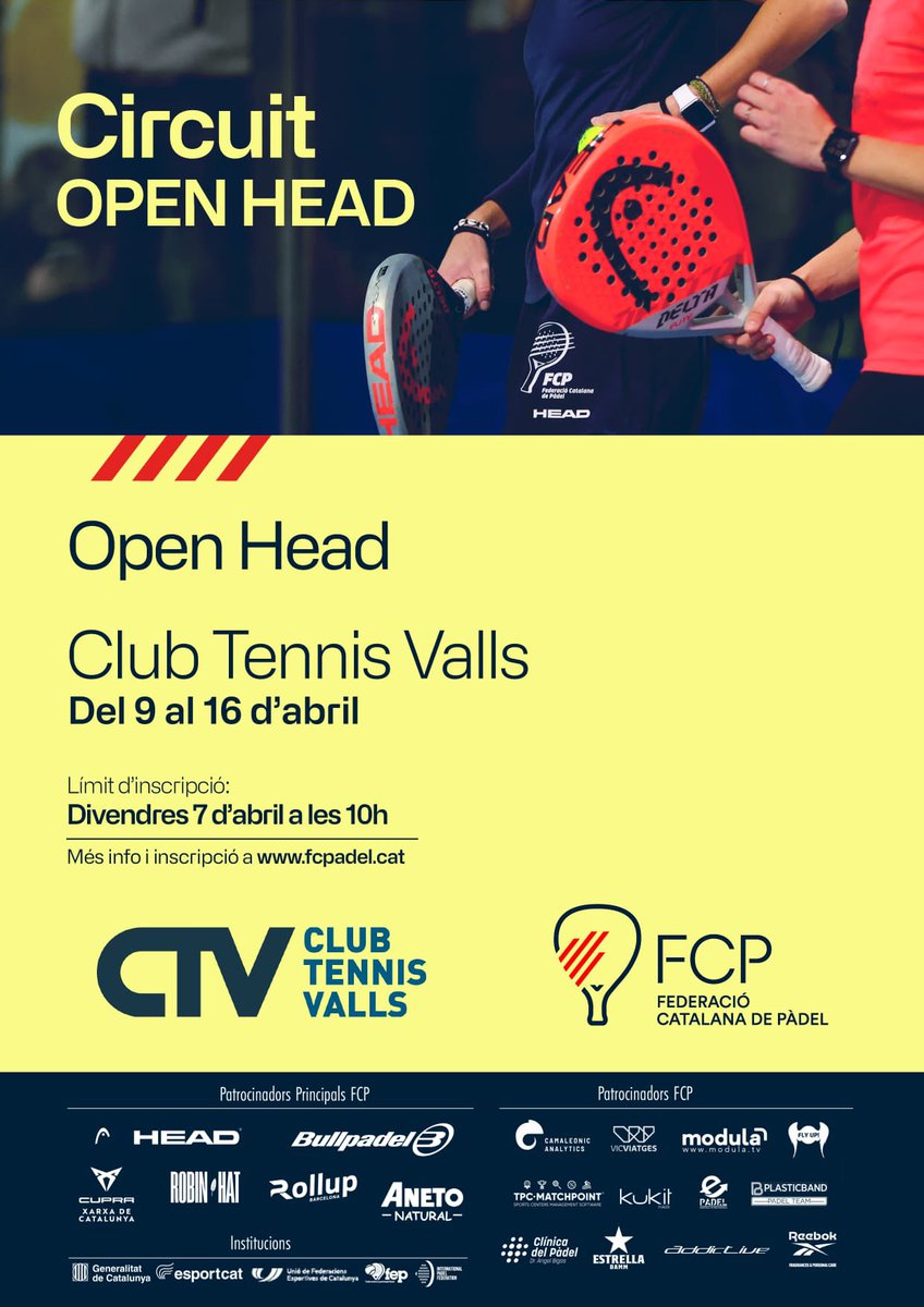 🎾 Circuit #OpenHead al <a href="/ClubTennisValls/">Club Tennis Valls</a> inscripcions a la web de la <a href="/FCatalanaPadel/">FCP - Federació Catalana de Pàdel</a>