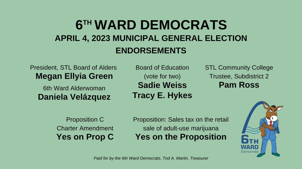 6thWardSTL's tweet photo. Our #Aldergeddon endorsements:
🗳@MeganEllyia for #STLBOA President
🗳 @VDanielaV for 6th Ward Alder 
🗳 Sadie Weiss &amp; Tracy E. Hykes for Board of Education (vote for two)
🗳Pam Ross for @STLCC Trustee
🗳Yes on Prop C #YesOnC
🗳Yes on marijuana sales tax proposition https://t.co/48crx5Q1H7