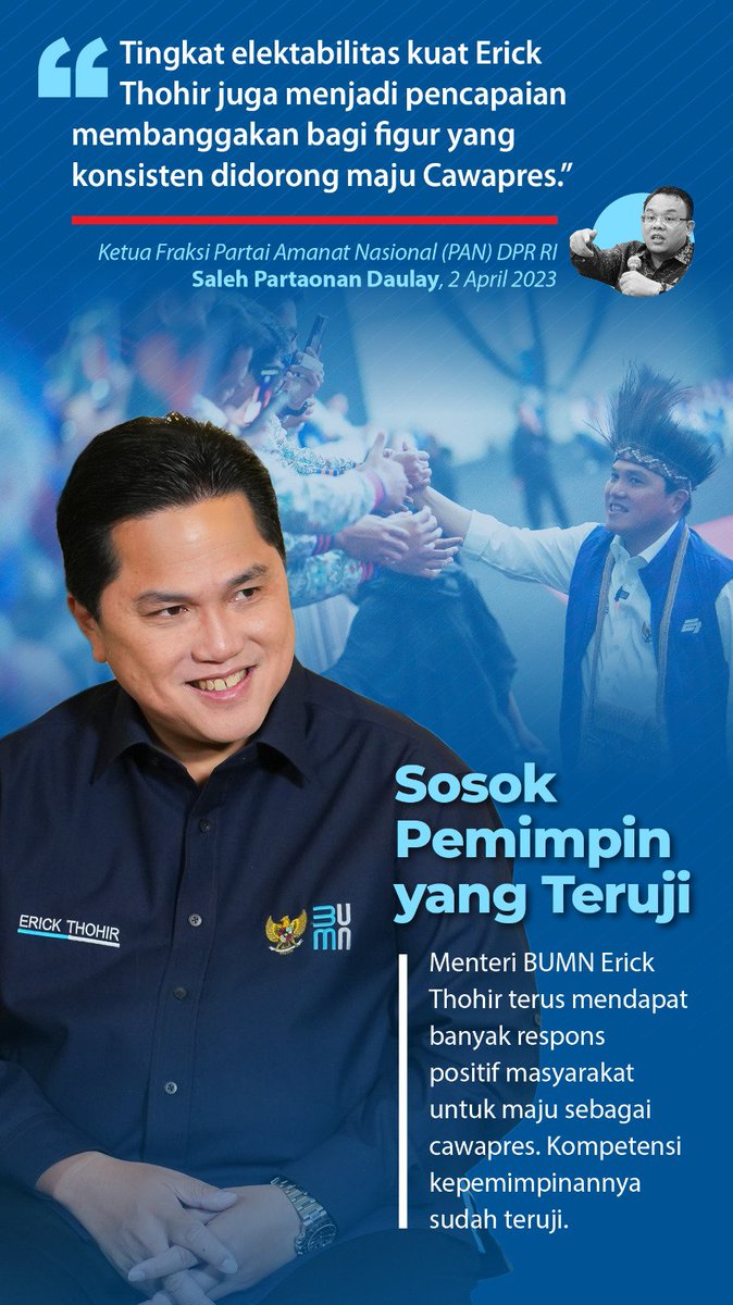CakCaping's tweet photo. Menteri BUMN Erick Thohir terus mendapat banyak respons positif masyarakat untuk maju sebagai
cawapres. Kompetensi kepemimpinannya sudah teruji.
#BangkitBersamaET https://t.co/IMFsCCcbuZ