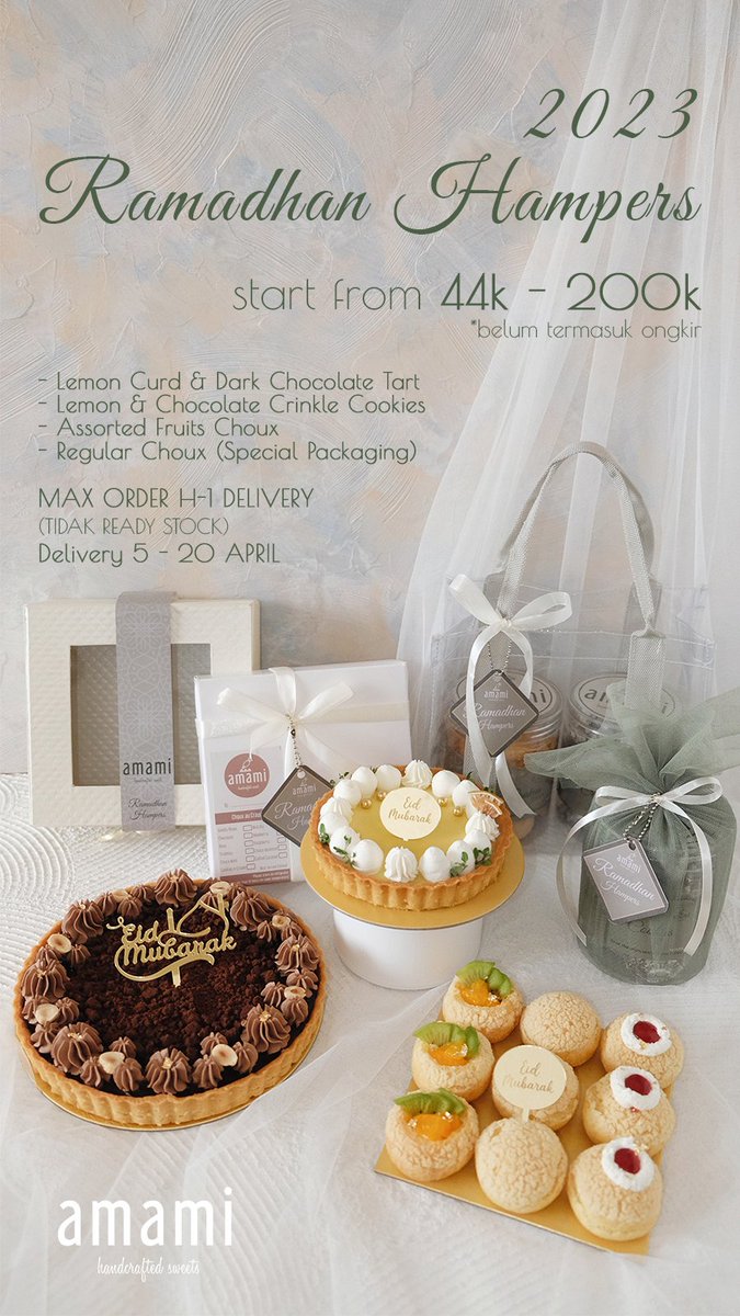 amamisweets_id's tweet photo. Ramadhan Hampers Amami 2023 sudah bisa dipesan u/ delivery 5 - 20 April! Untuk saat ini pengiriman baru Malang Area saja. Ada Lemon &amp; Choco Tart &amp; Crinkle Cookies dan Fruit Choux au Craquelin.
.
Order> https://t.co/wXuZ2tVbA3
Limited slot! All by PO max H-1 / sampai slot penuh. https://t.co/RwT3ajAQAN