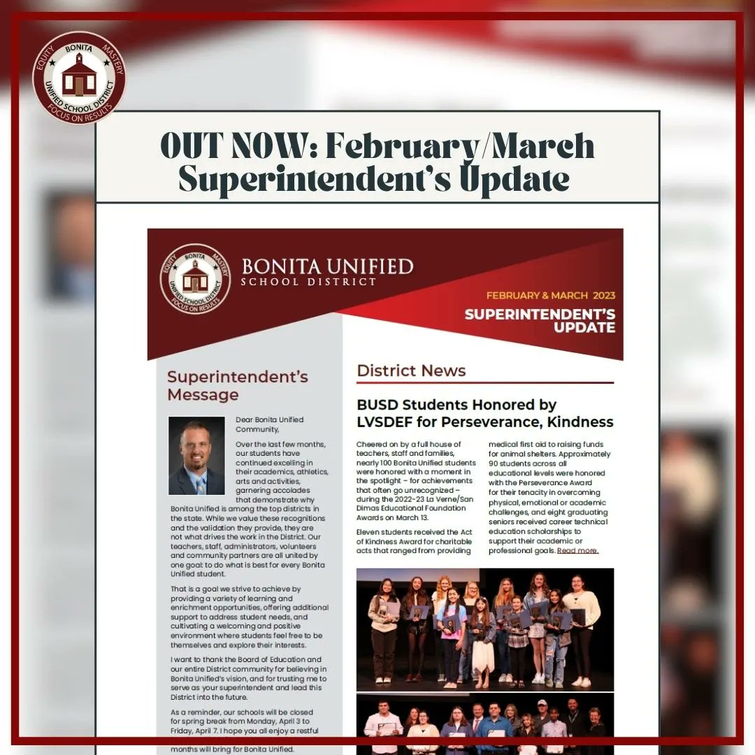 The February/March Superintendent's Update is out now!  To read the update and learn more about recent successes in academics, arts, athletics and activities across the District, visit: 🔗buff.ly/3JYuhva