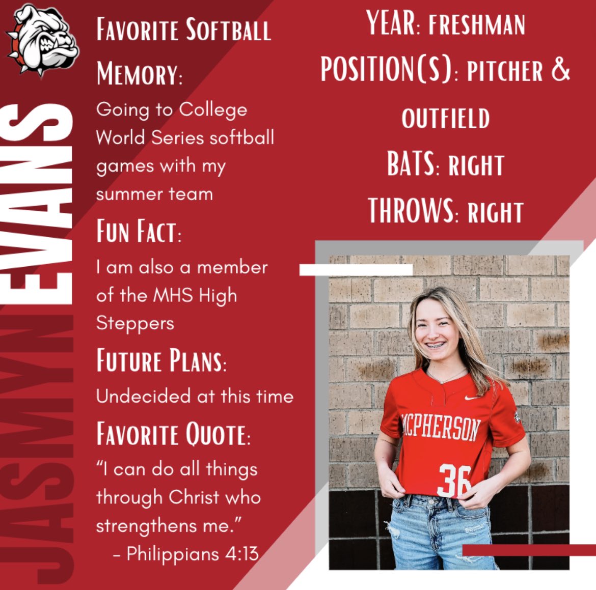 We are ready for ♦️FRESHMAN♦️ Jasmyn Evans! This athlete hit a homer in last week's contest against Circle &amp; you can find her on the mound or in the outfield. Her speed and ability to read the ball will serve our team well!

#36 #OutworkOutplayOutlast #FreshiesFirst <a href="/MHSBullpups/">McPherson HS</a>