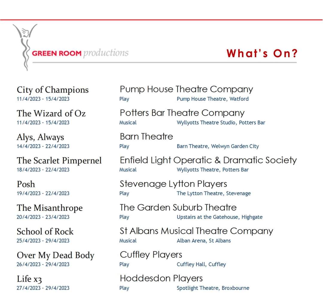 What's on?

<a href="/Wyllyotts/">Wyllyotts Theatre</a> <a href="/PBTheatreCo/">PottersBarTheatreCo.</a> <a href="/ELODSUK/">ELODS</a> <a href="/PHTCWatford/">Pump House Theatre Company</a> <a href="/PumpHouseCentre/">Pump House Theatre and Arts Centre</a> <a href="/BarnTheatreWGC/">The Barn Theatre</a> <a href="/LyttonPlayers/">Lytton Players</a> <a href="/GdnSubTheatre/">GardenSuburbTheatre</a> <a href="/StAlbansMusical/">St Albans Musical</a> <a href="/albanarena/">The Alban Arena</a> <a href="/cuffley_players/">Cuffley Players</a>