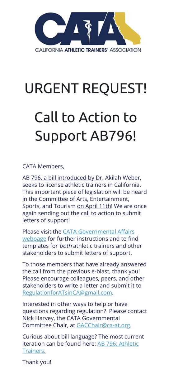 Time to start writing letters of support for AT licensure in CA! ! Let’s go! 💪🏽 #WeNEEDyourSUPPORT @pridesportsmed @CATA_D8 

ca-at.org/committee-gac