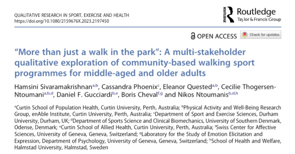 NEW PAPER (open access): the second study of my PhD is now published in QRSEH! Here we qualitatively explored multi-stakeholder perspectives on walking sports and provide suggestions for feasibility and sustainability tandfonline.com/doi/full/10.10…