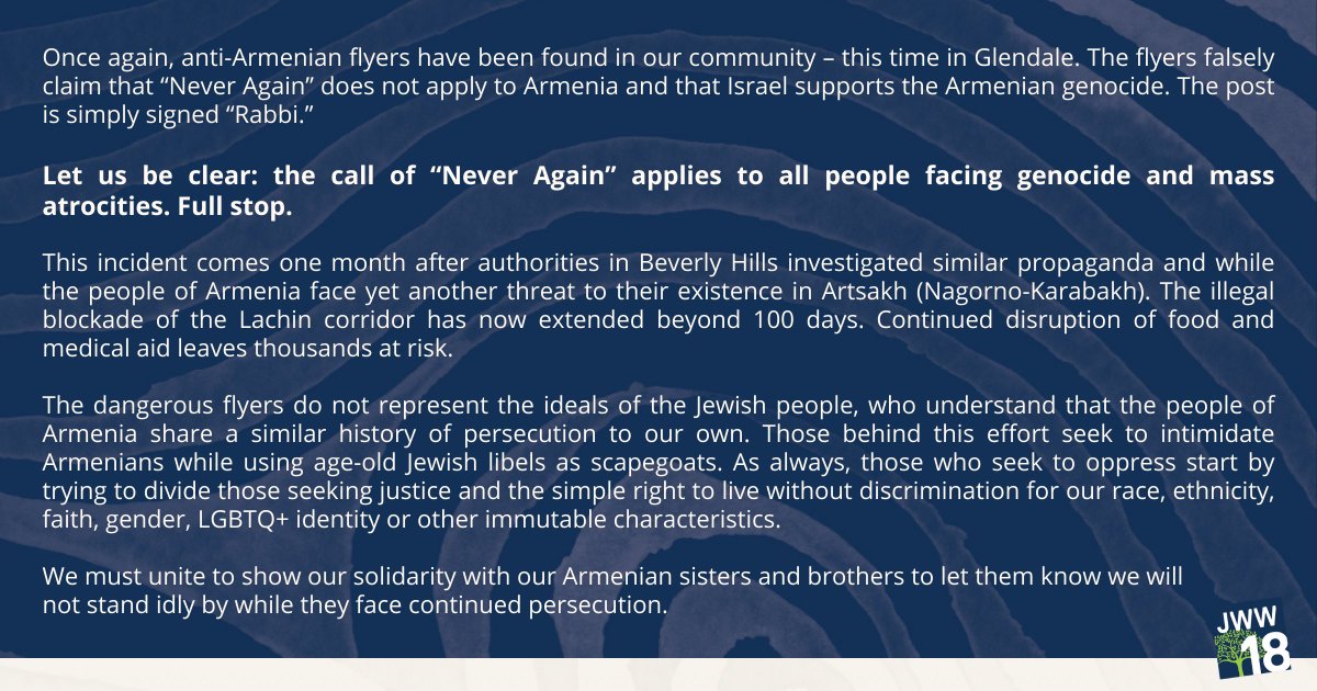 Jewish World Watch (@jworldwatch) on Twitter photo Let us be clear: the call of “Never Again” applies to all people facing genocide and mass atrocities. Full stop.
Read <a href="/JWorldWatch/">Jewish World Watch</a>’s statement on the anti-Armenian flyers found in Glendale. Let us be clear: the call of “Never Again” applies to all people facing genocide and mass atrocities. Full stop.
Read <a href="/JWorldWatch/">Jewish World Watch</a>’s statement on the anti-Armenian flyers found in Glendale.