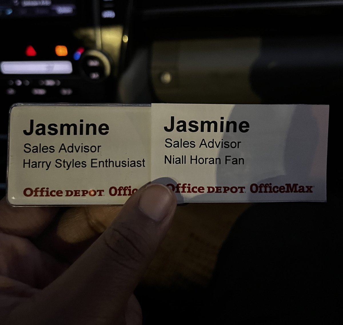 MY JOB ASKED ME TO PUT SOMETHING INTERESTING ON MY NAME TAG AND THEY PRINTED THE NIALL ONE IN CASE ‘ IM MAD AT HARRY’