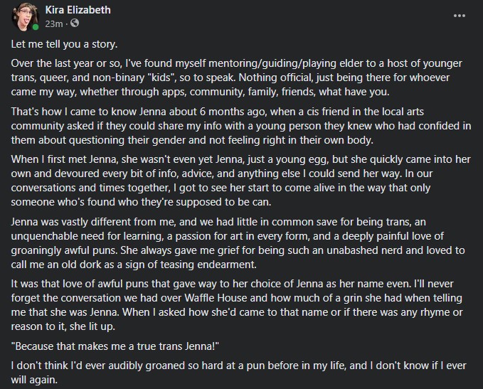 SeeYouSpaceKira's tweet photo. I am not okay. My soul is bound in knots of sorrow, guilt, rage, and pain. 

I'm sorry, Jenna. I loved being your chosen family and I loved you as part of my chosen family. 

I'm sorry this world failed you. 

I'm sorry I failed you. https://t.co/h94s4pQbau
