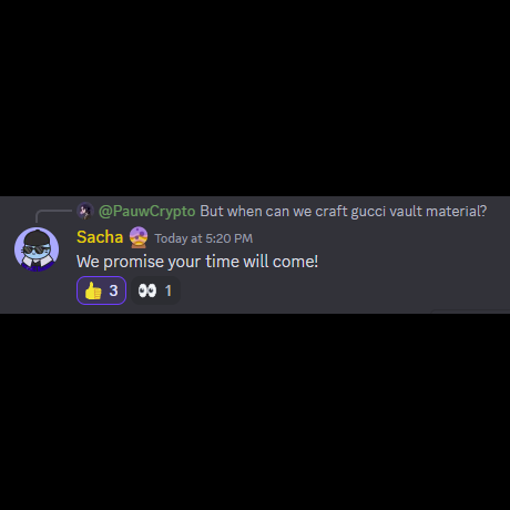 rexaltair's tweet photo. In the official Gucci Vault Discord, Gucci Team member Sacha assures us that neither #GucciGrails nor Gucci Vault material has been forgotten by the Gucci team.

#10ktfGucciGrail #GucciGrail @10KTFshop @10ktfGucciGrail https://t.co/DF6ibAiaEO