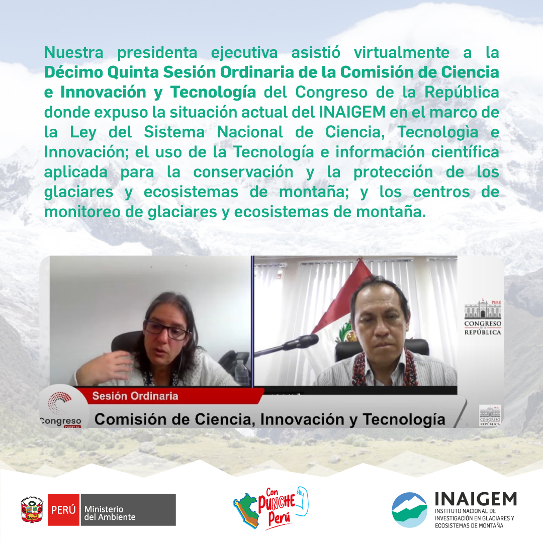 InaigemPeru's tweet photo. 📷INAIGEM en el Congreso
Nuestra presidenta ejecutiva, Dra. Beatriz Fueltealba participó virtualmente en la Sesión Ordinaria de la Comisión de Ciencia e Innovación y Tecnología en el Congreso de la República.
📷Mira el video en: https://t.co/5NCKVXXTn4 https://t.co/BSLu8SiXdX