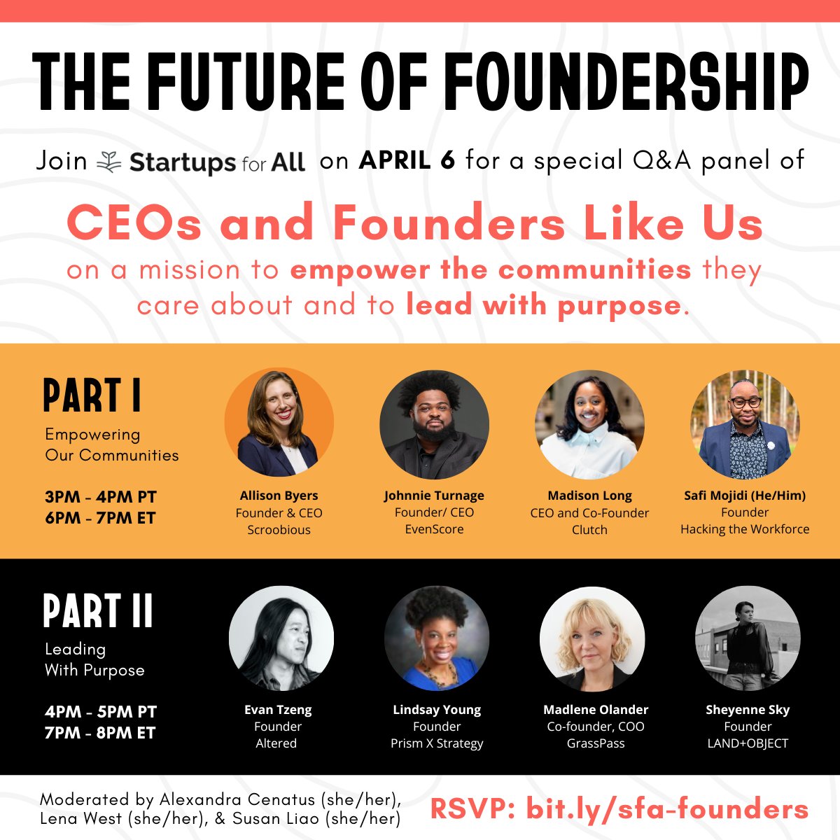 🎉 APRIL 6th, online! Join us for a special, 2-part Q&amp;A panel of CEOs + Founders #LikeUs, on a mission to empower the communities they care about &amp; to lead with purpose. Our panelists represent a range of industries, business models, and organizational structures. RSVP for more!