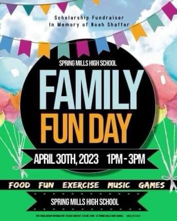 Please join us for a Family Fun Day at Spring Mills High School track. Come enjoy food, games, exercise, music and FUN while helping us remember and honor Noah Shaffer by raising money to give a lucky senior from SMHS a scholarship. #wearespringmills #TurtlesForNoah