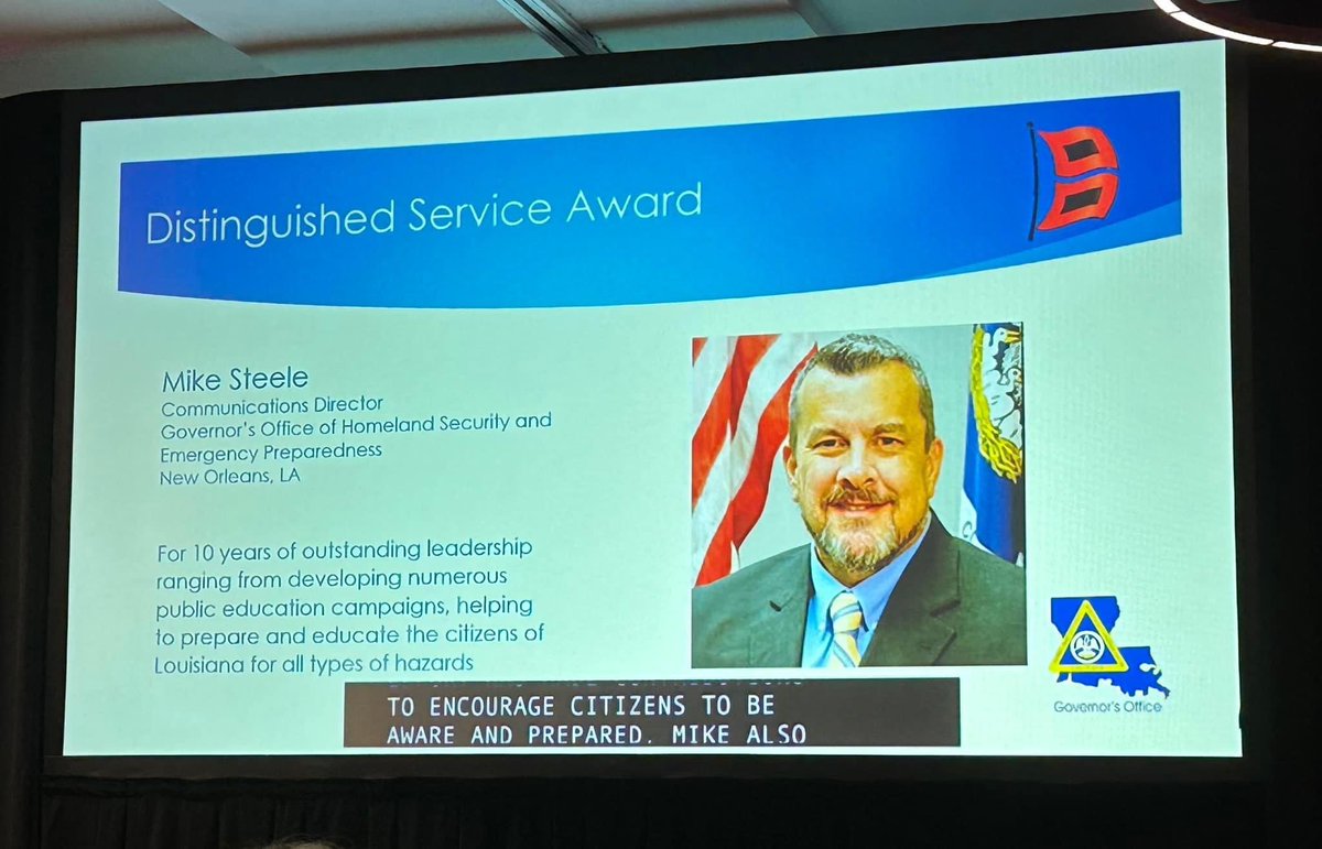 GOHSEP's tweet image. At the 2023 National Hurricane Conference, GOHSEP Communications Director, Mike Steele was recognized with the ‘Distinguished Service’ award for his 10 years of outstanding leadership  developing numerous public education campaigns and assisting neighboring states. #GetAGamePlan