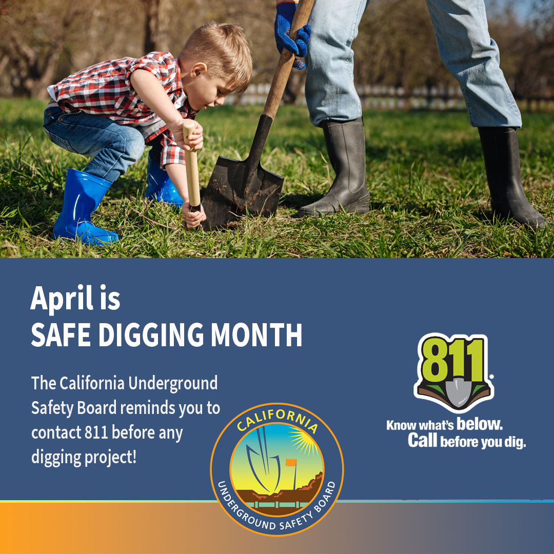 April is 811 Month! Remind anyone who will be digging on your property to contact 811 before starting any outdoor projects, no matter how large or small. 

Visit energysafety.ca.gov/what-we-do/und… for more info on how you can protect yourself and loved ones.

#811beforeyoudig