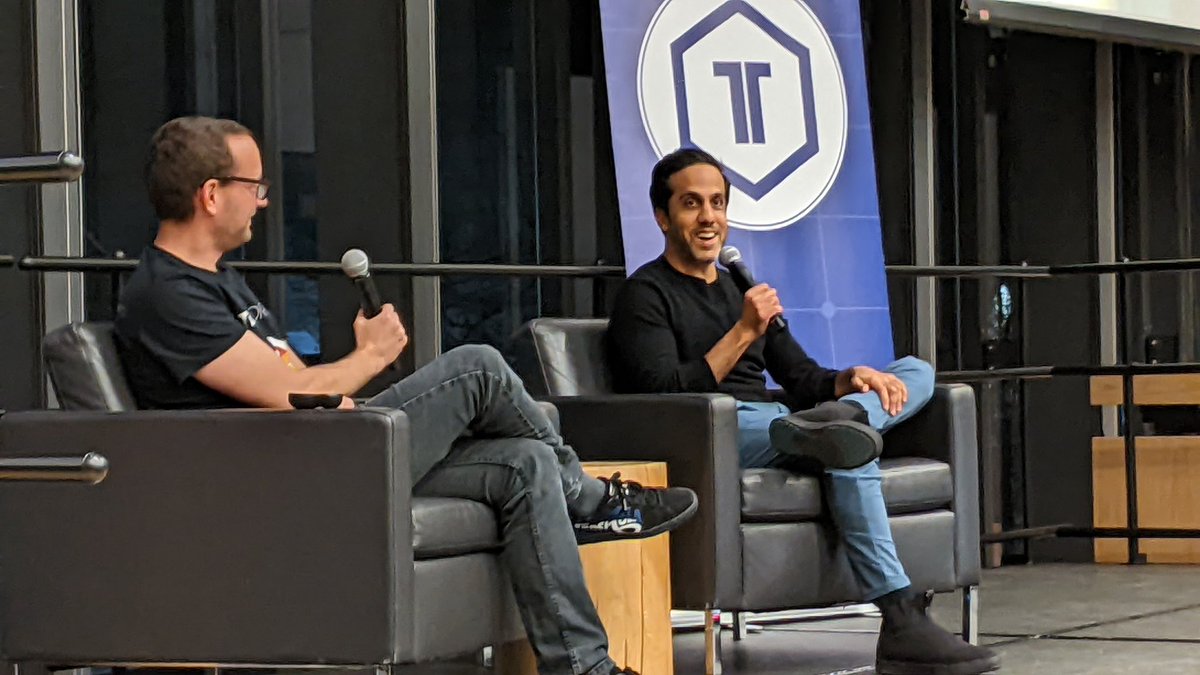 rickspence's tweet image. #TechTO cofounder Alex Norman interviews Hussein Fazal, cofounder of Super (formerly Snap/SnapTravel).
Why did Hussein become an entrepreneur? 
&quot;I f---in&apos; hated working for a big company.&quot;
(My rule has always been: &quot;Bad bosses create more great entrepreneurs than good ideas do.&quot;)