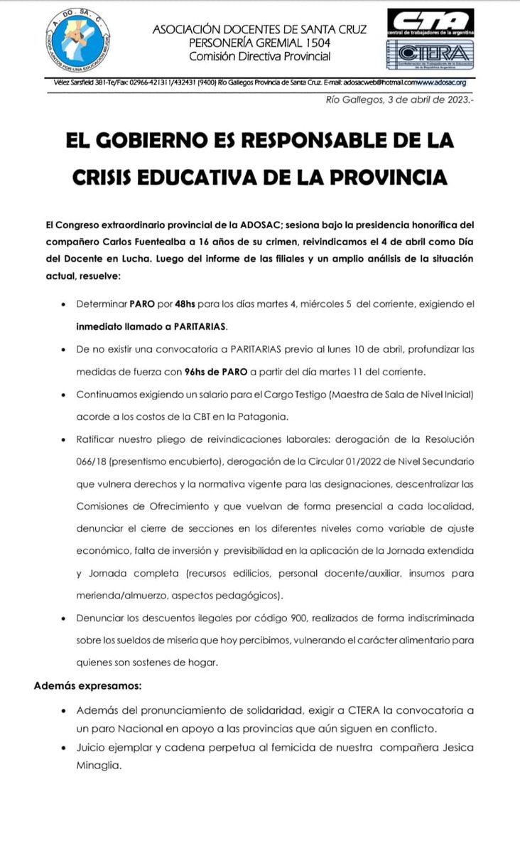 adosacP's tweet photo. Resoluciones de nuestro Congreso Provincial llevado a cabo el día de hoy en Río Gallegos. https://t.co/UUpTI2A1Wr