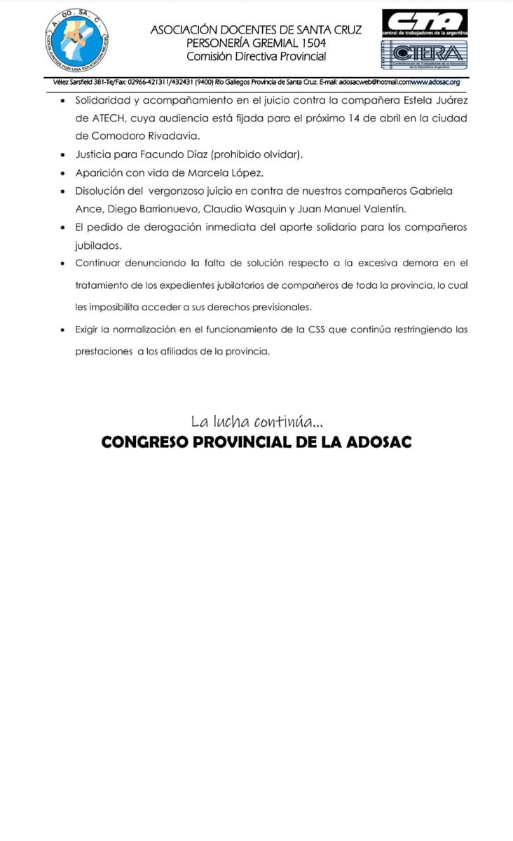 adosacP's tweet photo. Resoluciones de nuestro Congreso Provincial llevado a cabo el día de hoy en Río Gallegos. https://t.co/UUpTI2A1Wr