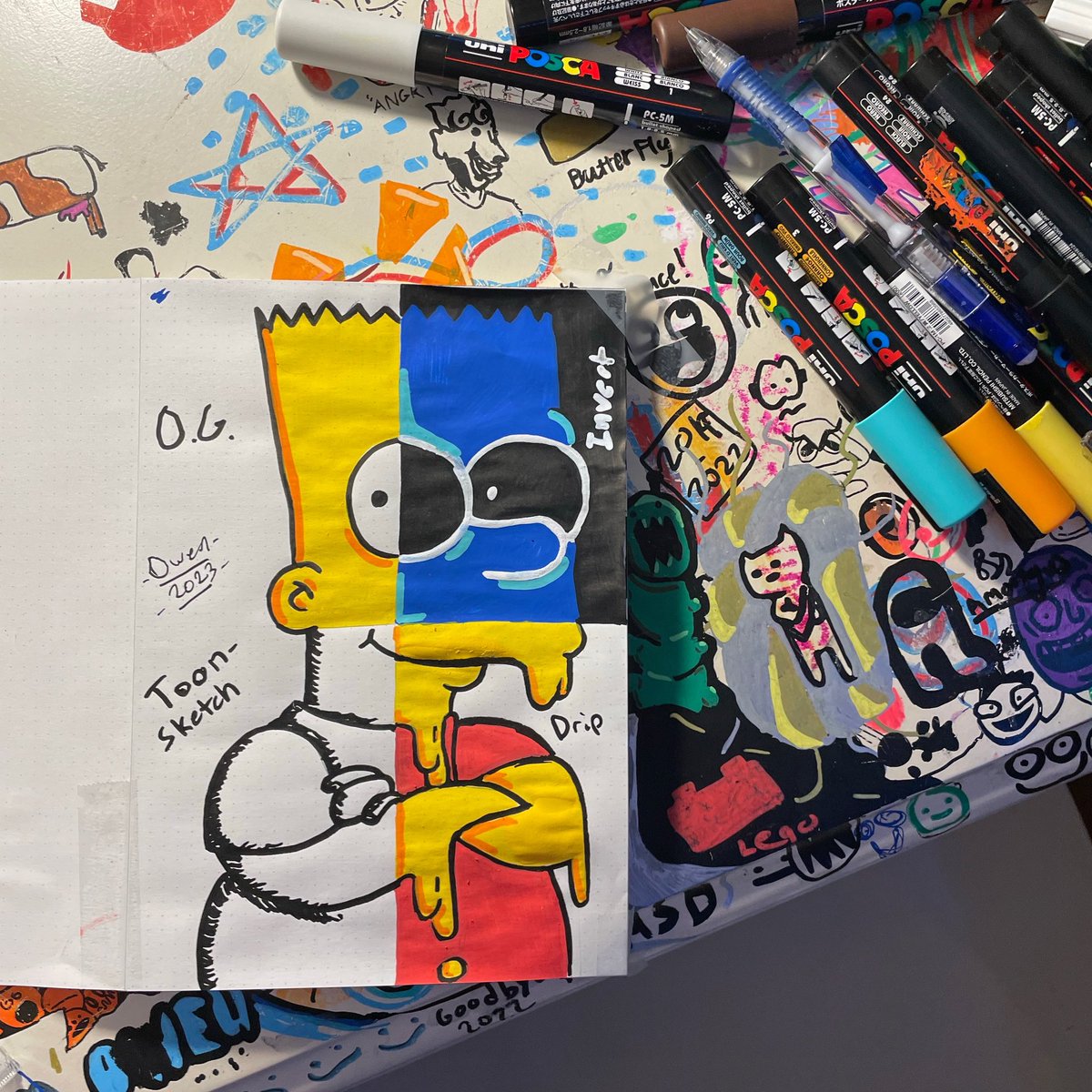 MattSkvasik's tweet photo. My kiddo is so very talented. I love watching him grow as an artist and see his artistic process. 🖼️ 🎨
#kiddo #artwork #bartsimpson #splitportrait #poscaart #art https://t.co/x1oK69iFcM