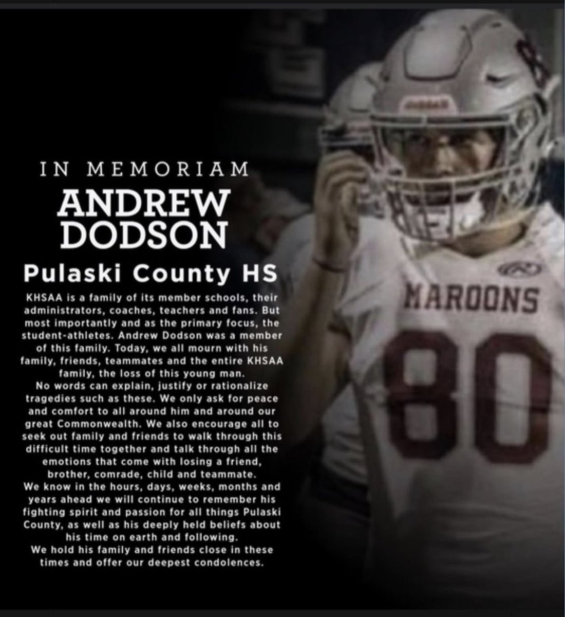 Our thoughts and prayers to the family, friends, teammates, classmates now and the days to come 🙏