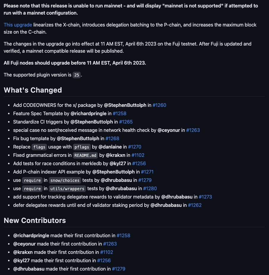 _patrickogrady's tweet photo. 🛠️ 🛠️ #Avalanche Cortina (Fuji) is out: https://t.co/kRWGSXcIyj 🛠️ 🛠️

This release only works on **Fuji**. If you don't run a node on Fuji, please skip this release.

🔍 Release Focus: X-Chain Linearization + P-Chain Batched Delegator Rewards + Increased C-Chain Gas Limit https://t.co/EiB7Gdw45e