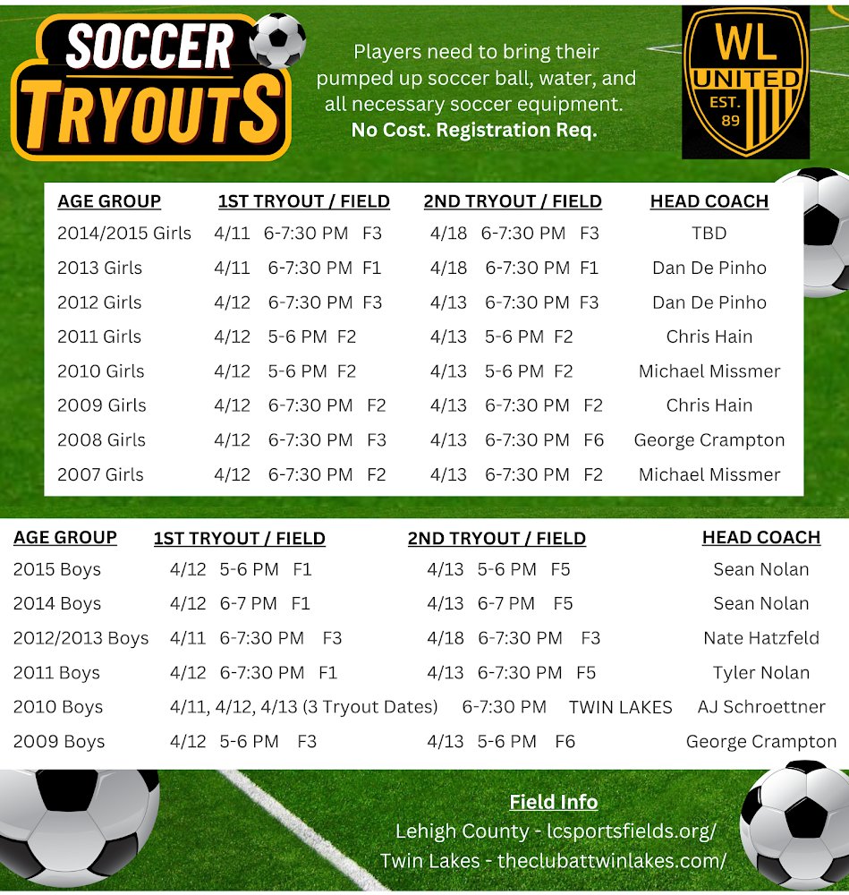 2023-2024 Season Tryout Info & Field Locations ⚽️ 

Register Today!! wlusc.org

facebook.com/10000516648342…

#wlusc #clubsoccer #soccer #lehighvalleypa