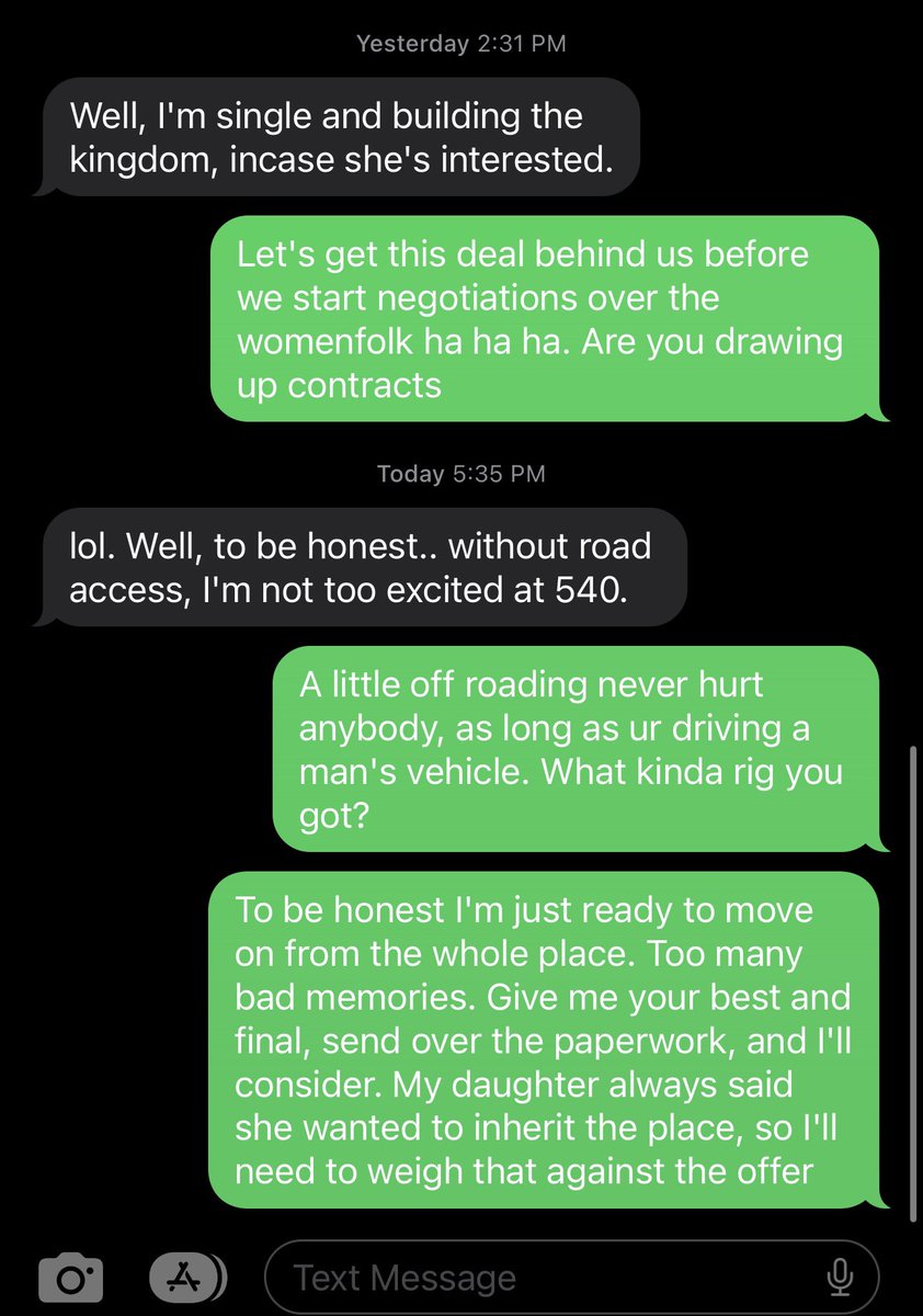 jordanarnold's tweet photo. I’ve spent the last five days negotiating the sale of a plot of land via text message with some random spammer https://t.co/IVS7SATCv6