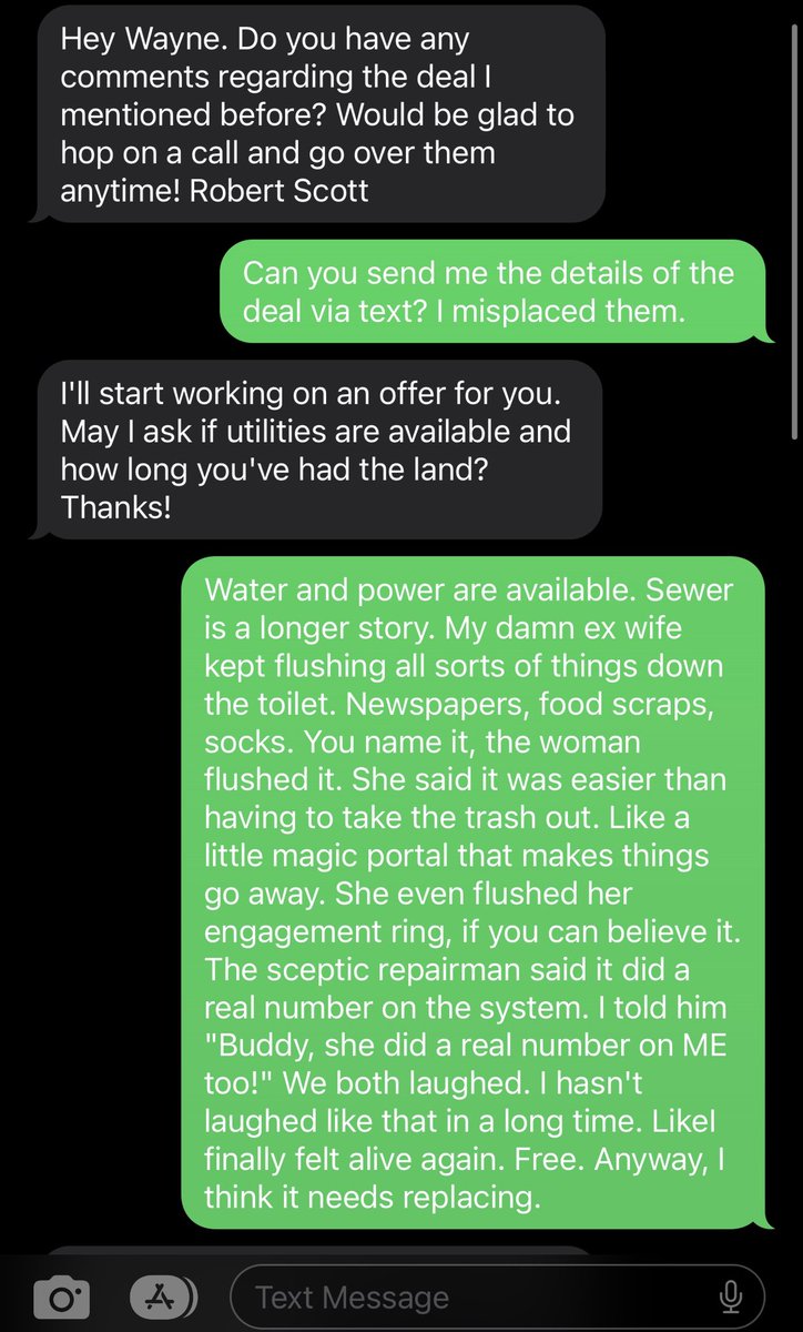 jordanarnold's tweet photo. I’ve spent the last five days negotiating the sale of a plot of land via text message with some random spammer https://t.co/IVS7SATCv6