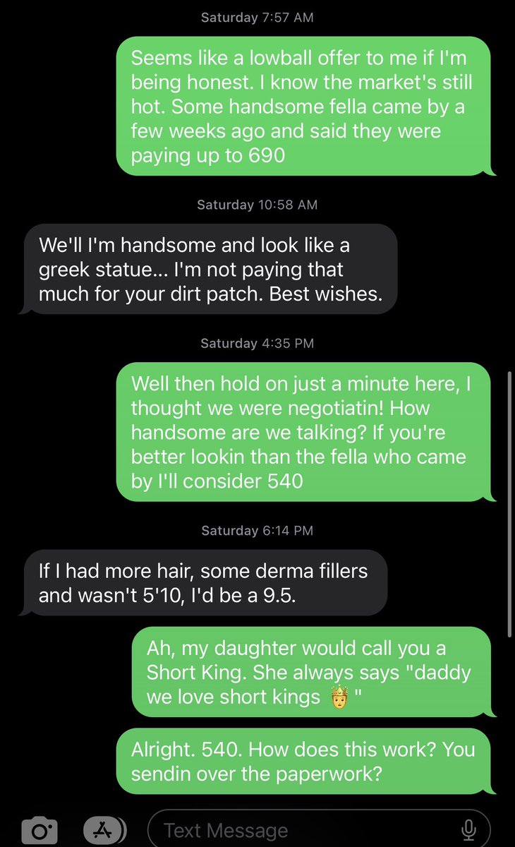 jordanarnold's tweet photo. I’ve spent the last five days negotiating the sale of a plot of land via text message with some random spammer https://t.co/IVS7SATCv6