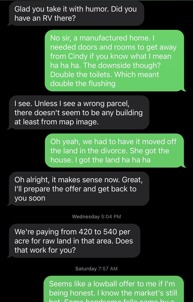 jordanarnold's tweet photo. I’ve spent the last five days negotiating the sale of a plot of land via text message with some random spammer https://t.co/IVS7SATCv6