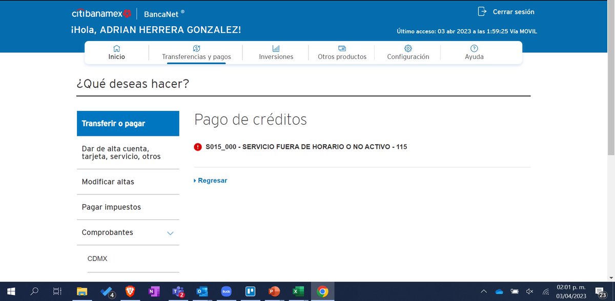 Señores <a href="/Citibanamex/">Citibanamex</a> @ContactoCitibmx hoy es mi día de pago y no puedo hacerlo ni en app, ni web... ¿Ahí que procede? #pésimoservicio