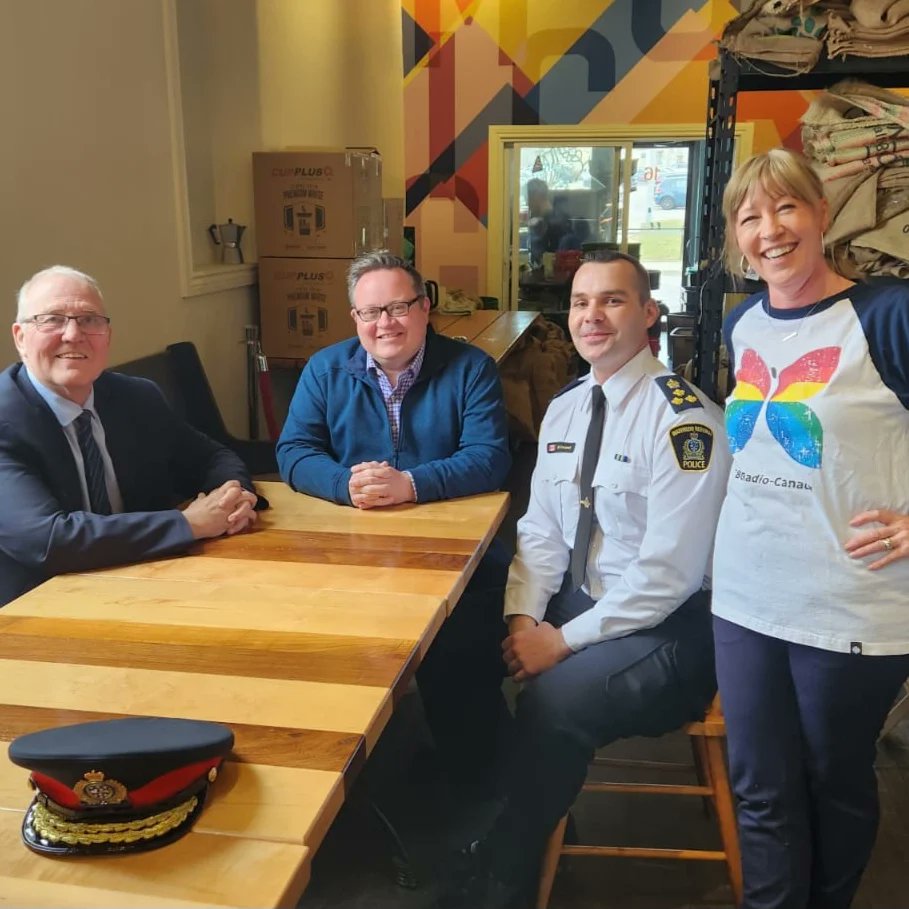 Chief_MCrowell's tweet photo. Thank you to @MonigramCoffee for hosting @WRPSToday, @BillBlair, and @_BryanMay today.

We had a wonderful conversation with Monica about business and public safety in @cityofcambridge and @RegionWaterloo. https://t.co/OPEIumcz2H